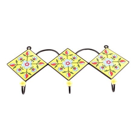 Yellow And Turquoise Tiny Floral Ceramic Tiles Hooks